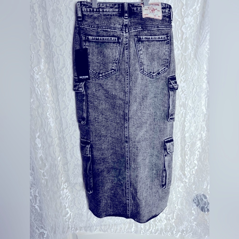 True Religion Urban Outfitters Denim Cargo MIDI Slit Skirt - Picture 5 of 10
